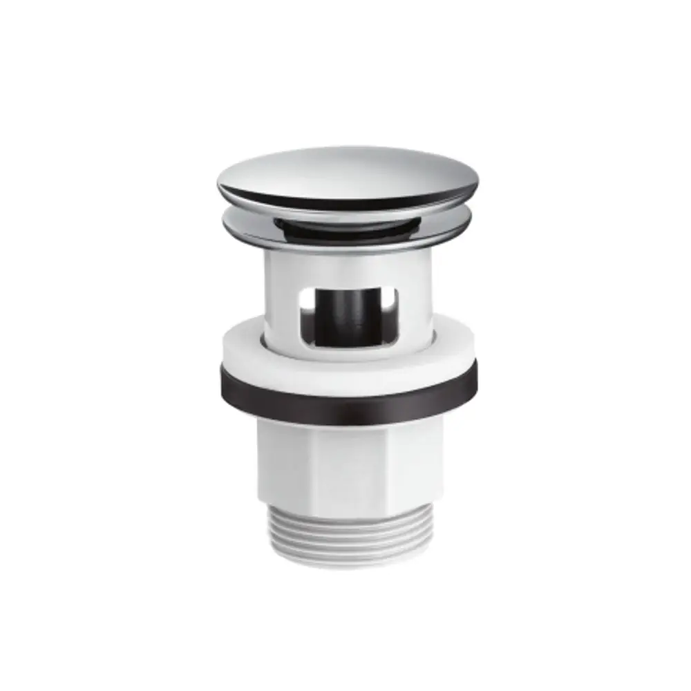 Ablaufgarnitur von Hansgrohe in Chrom-Optik mit Push-Open-Funktion, geeignet für Waschtisch und Bidet, besteht aus einer runden Abdeckung und einem Verbindungselement.
